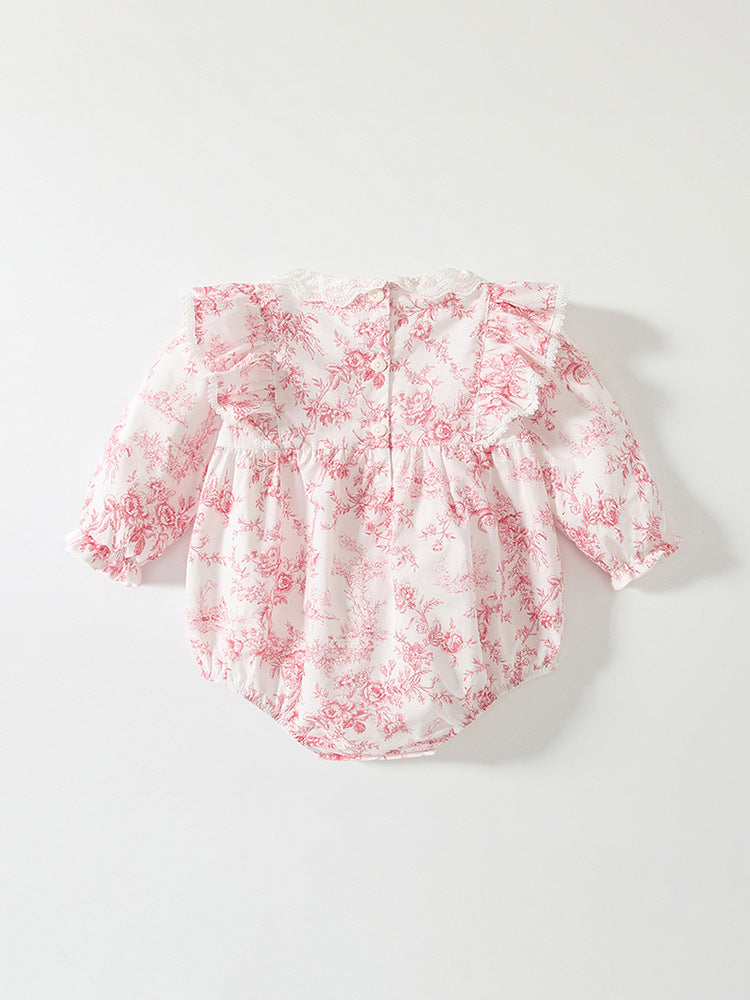 Spring Arrival Baby Girls Flowers Pattern Lace-Trim Collar Onesies