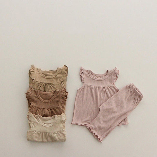 Baby Girl Round Neck Solid Color Design Sleeveless Top Combo Shorts