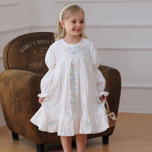 Spring and Autumn Vintage Flowers Embroidered Long-sleeved Dress for