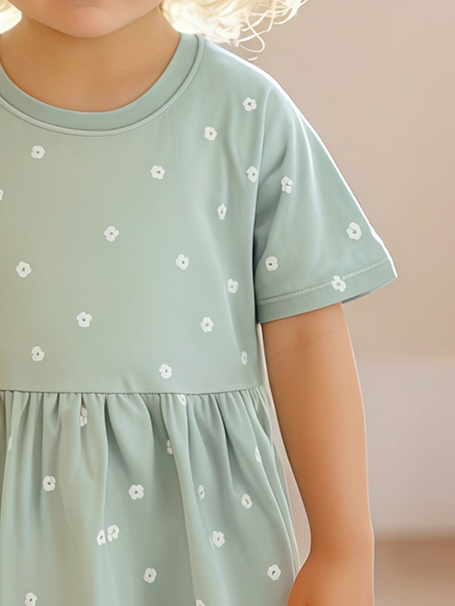 Summer Cartoon Short-sleeved Dress with Crew Neck for Stylish Girls