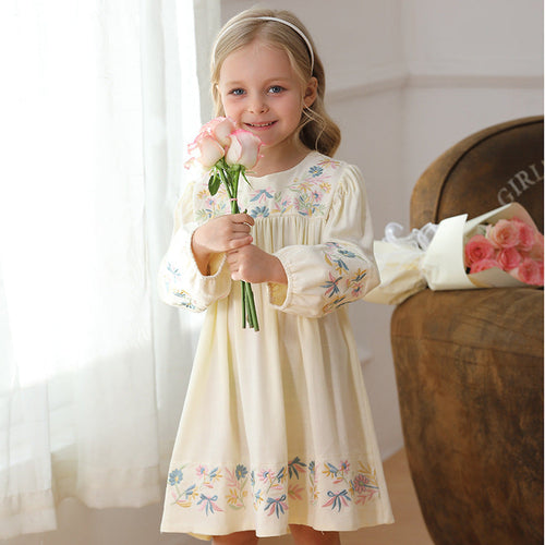 Spring and Autumn Vintage Flowers Embroidered Long-sleeved Dress for