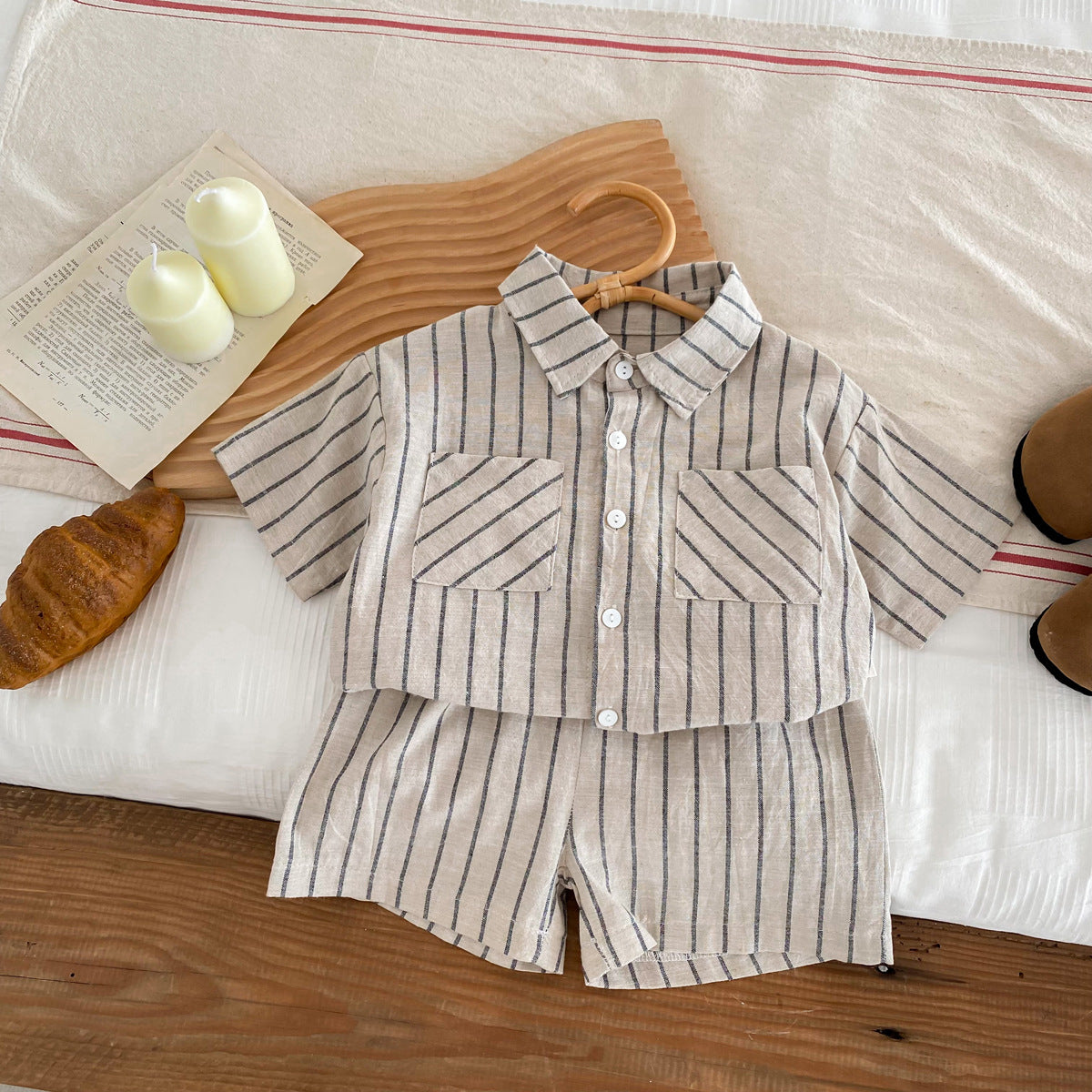 Spring Baby Kids Unisex Striped Top Shirt And Shorts Clothing Set