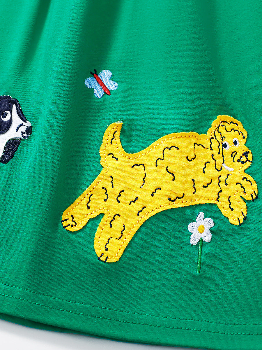 Summer Animals Pattern Short-sleeved Green Dress with Striped Pattern