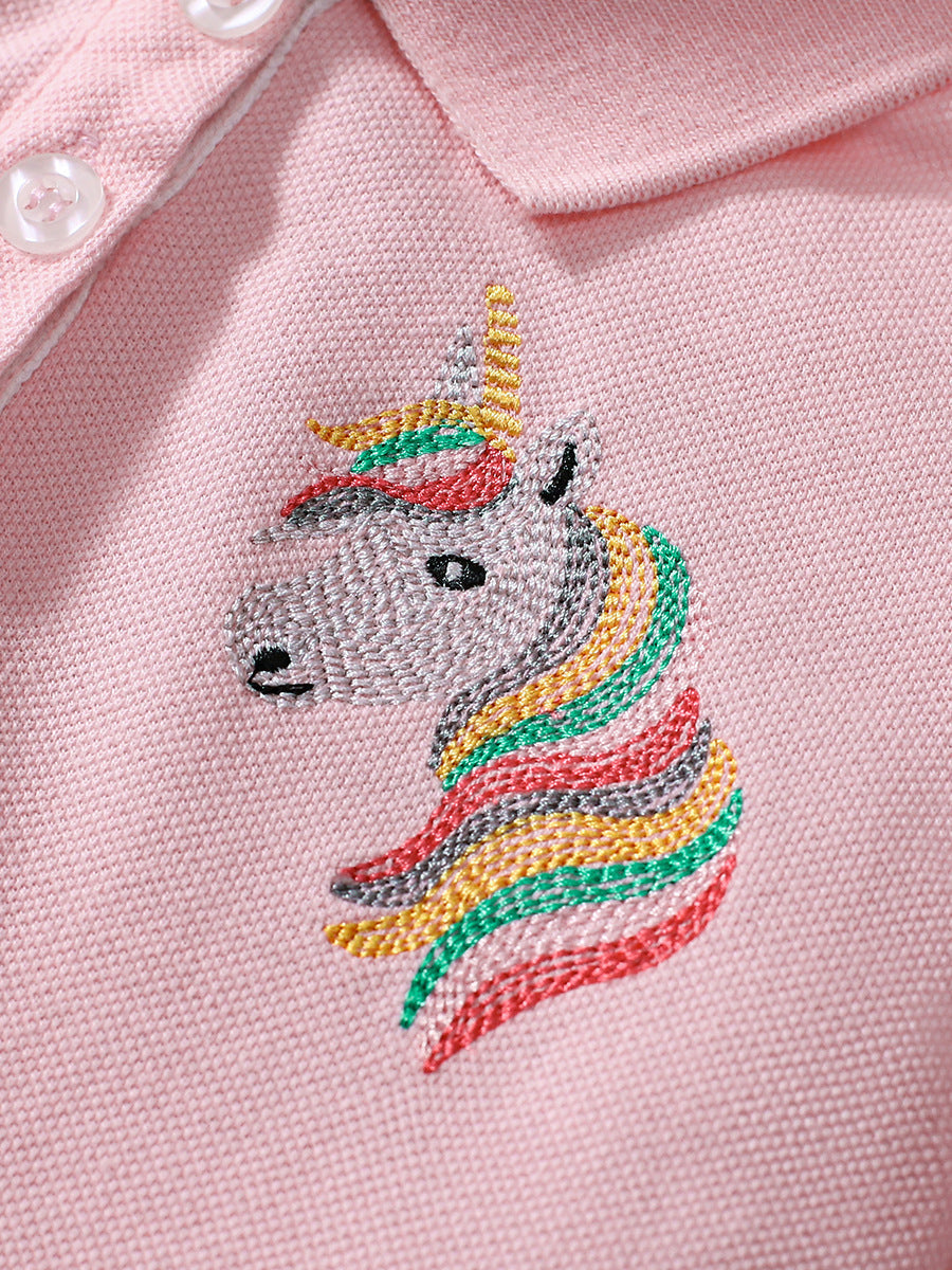 Summer Unicorn Logo Short-sleeved Pink Dress with Turn-down Collar for