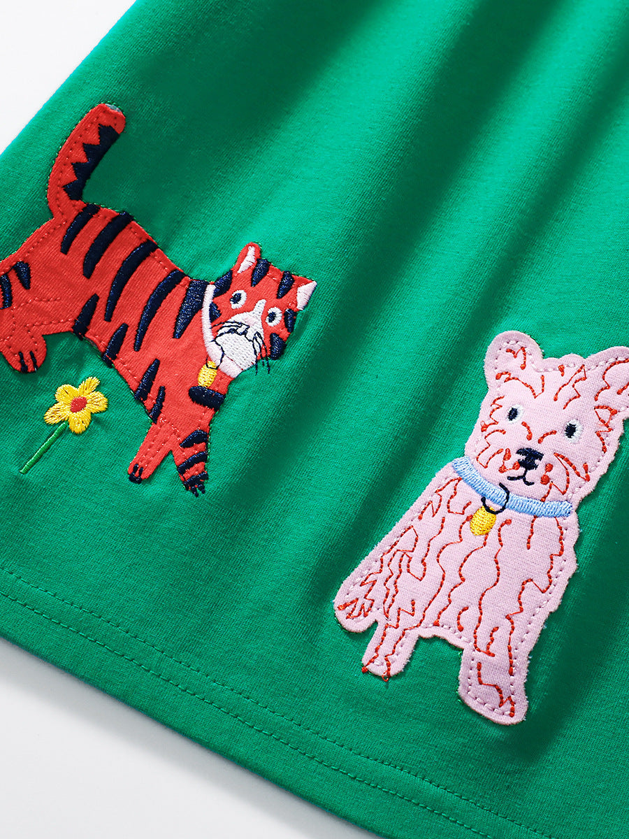 Summer Animals Pattern Short-sleeved Green Dress with Striped Pattern