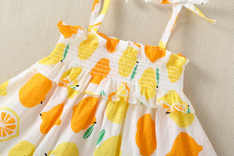 Baby Girl Lemon Fruit Print Sleeveless Dress Combo Short Pants In Sets