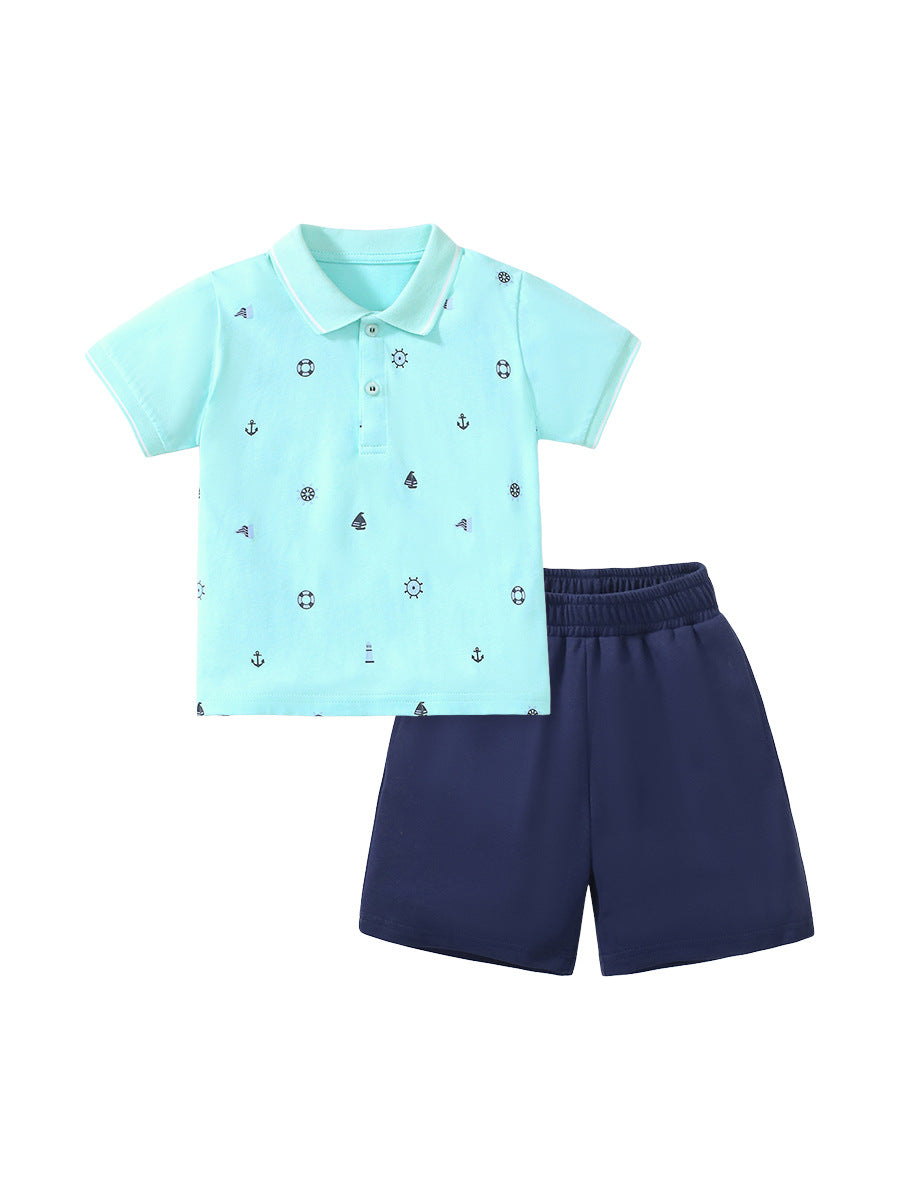 Baby Kids Boys Marine Print Polo Top And Shorts Casual Clothing Set