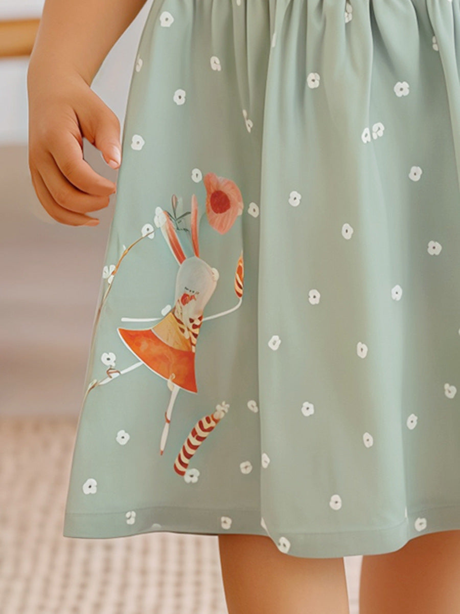 Summer Cartoon Short-sleeved Dress with Crew Neck for Stylish Girls