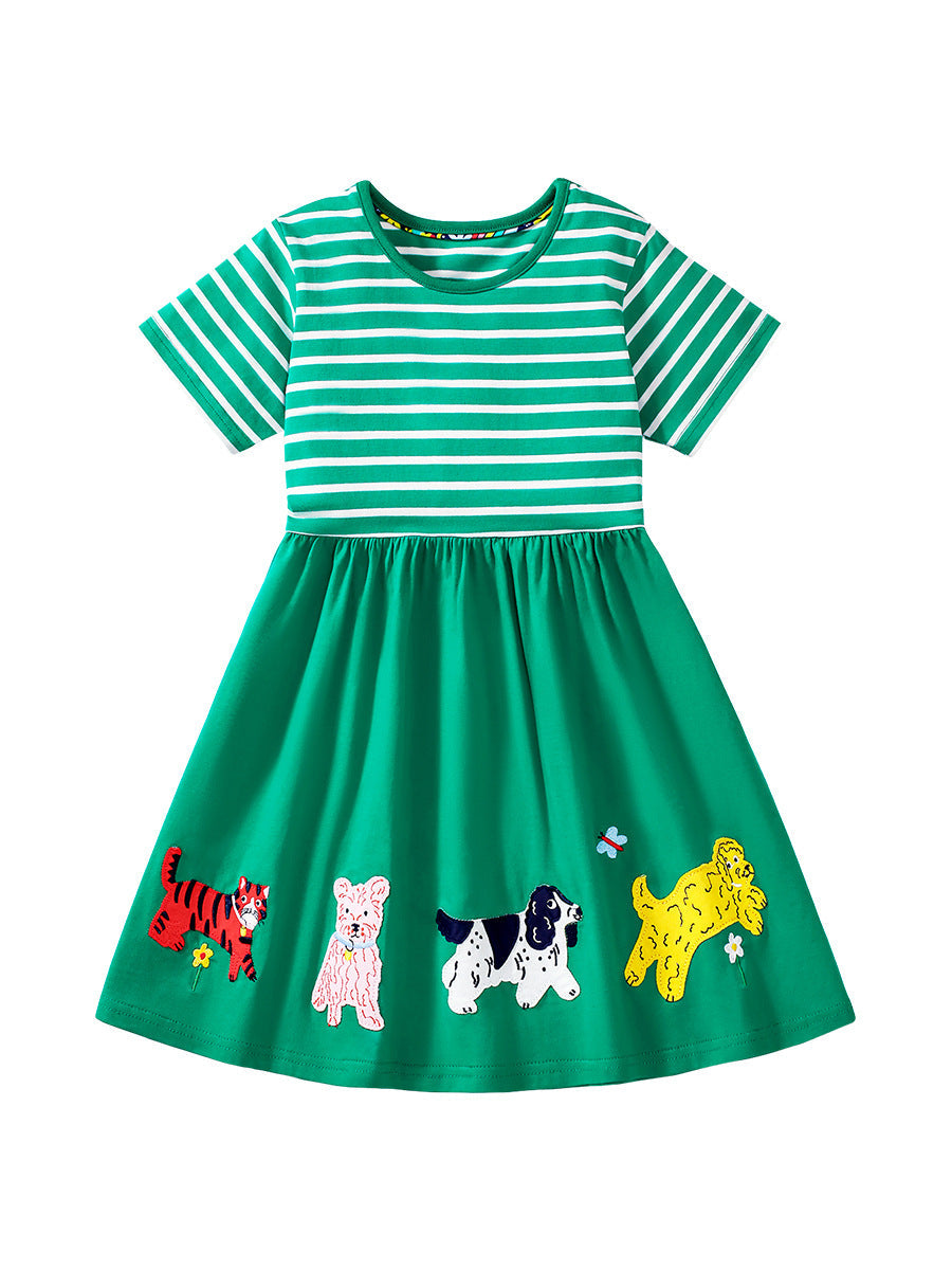 Summer Animals Pattern Short-sleeved Green Dress with Striped Pattern