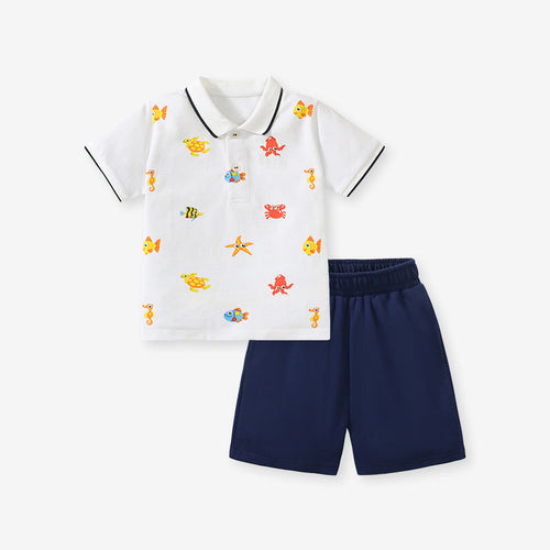 Baby Kids Boys Marine Print Polo Top And Shorts Casual Clothing Set