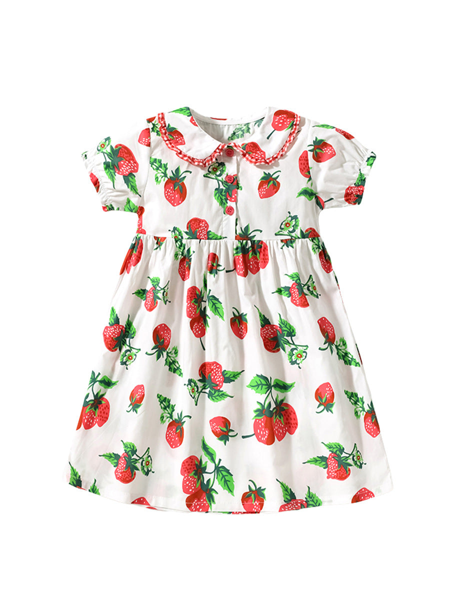 Summer Pure Cotton Strawberry Pattern Short-sleeved Dress with Peter