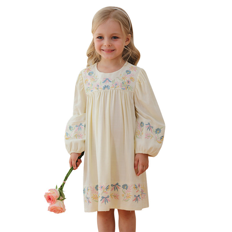 Spring and Autumn Vintage Flowers Embroidered Long-sleeved Dress for