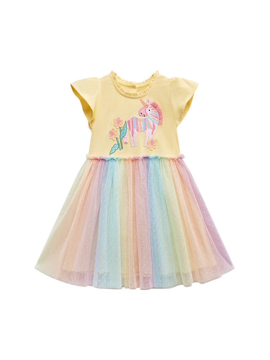 Arrival Summer Girls Unicorn Pattern Crew Neck Short Sleeves Tulle