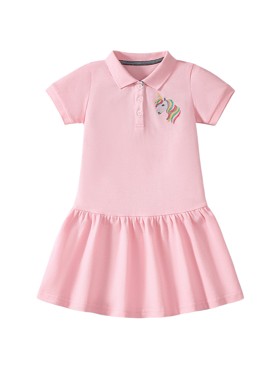 Summer Unicorn Logo Short-sleeved Pink Dress with Turn-down Collar for