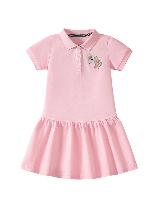 Summer Unicorn Logo Short-sleeved Pink Dress with Turn-down Collar for