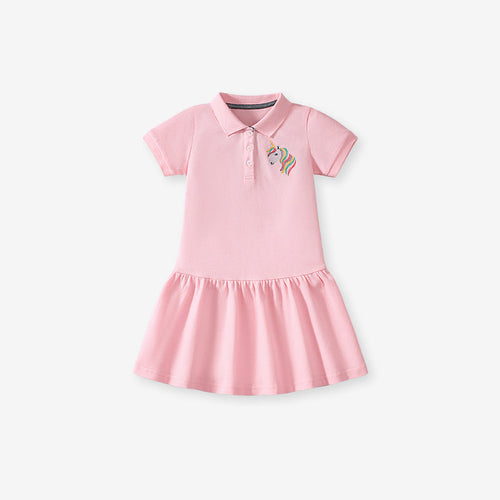 Summer Unicorn Logo Short-sleeved Pink Dress with Turn-down Collar for