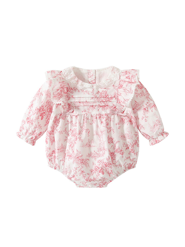 Spring Arrival Baby Girls Flowers Pattern Lace-Trim Collar Onesies