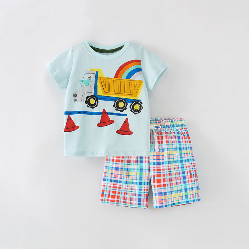 Baby Boy Car Print Pattern Blue Crewneck Summer Clothing Sets