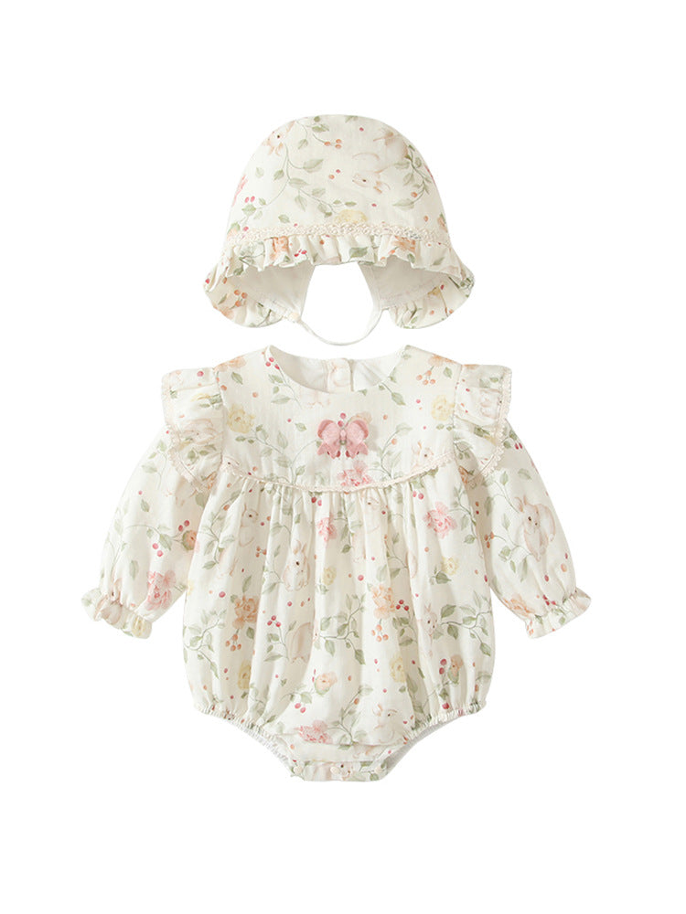 Spring Arrival Baby Girls Flowers Pattern Long Sleeved Onesies with