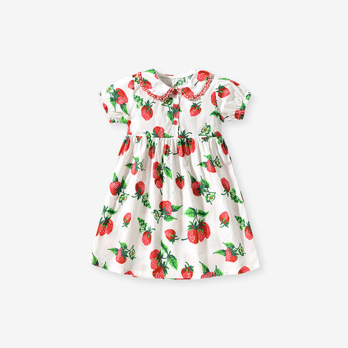 Summer Pure Cotton Strawberry Pattern Short-sleeved Dress with Peter