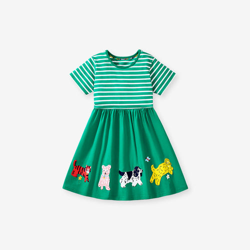 Summer Animals Pattern Short-sleeved Green Dress with Striped Pattern