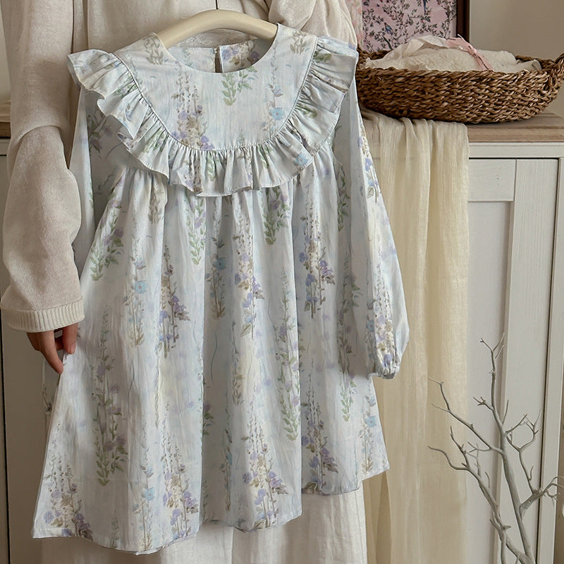 Spring and Autumn Flowers Print Crew Neck Long-sleeved Dress