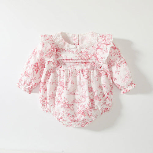 Spring Arrival Baby Girls Flowers Pattern Lace-Trim Collar Onesies