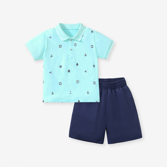 Baby Kids Boys Marine Print Polo Top And Shorts Casual Clothing Set