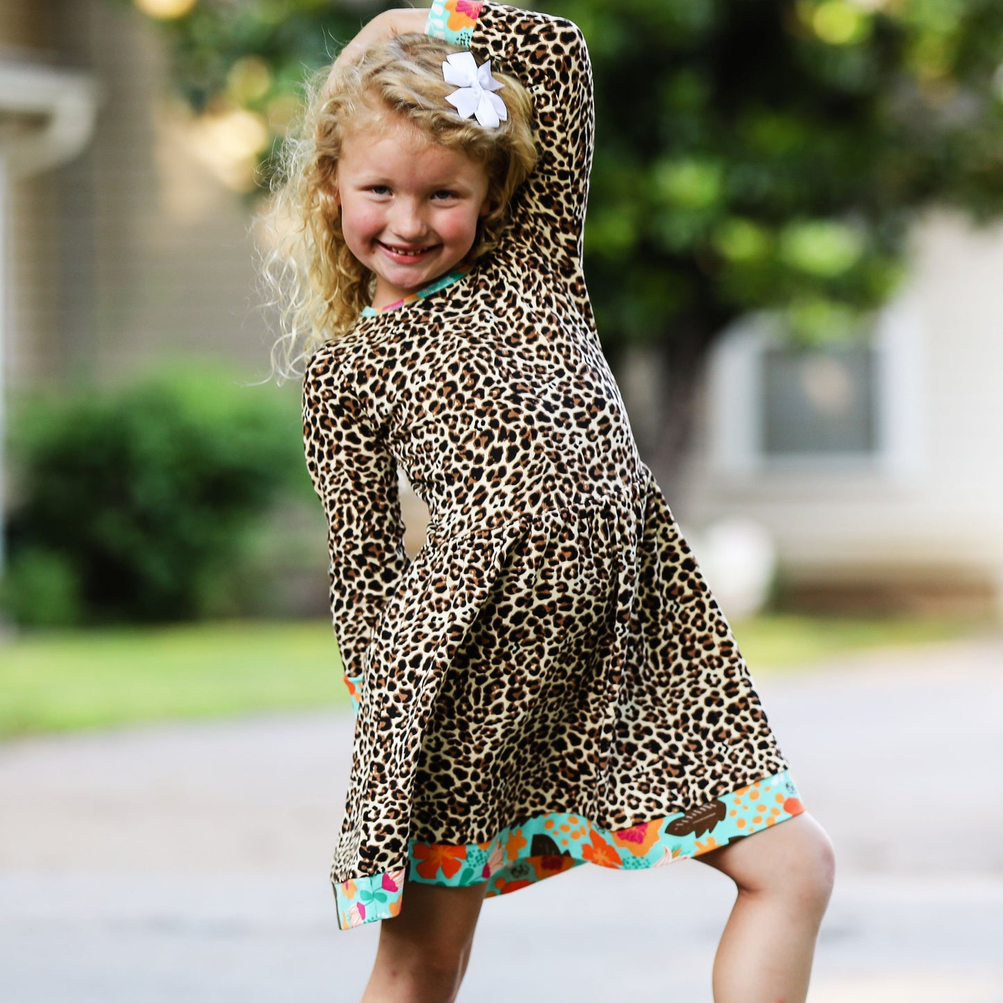 AnnLoren Little & Big Girls Long Sleeve Leopard Floral Dress