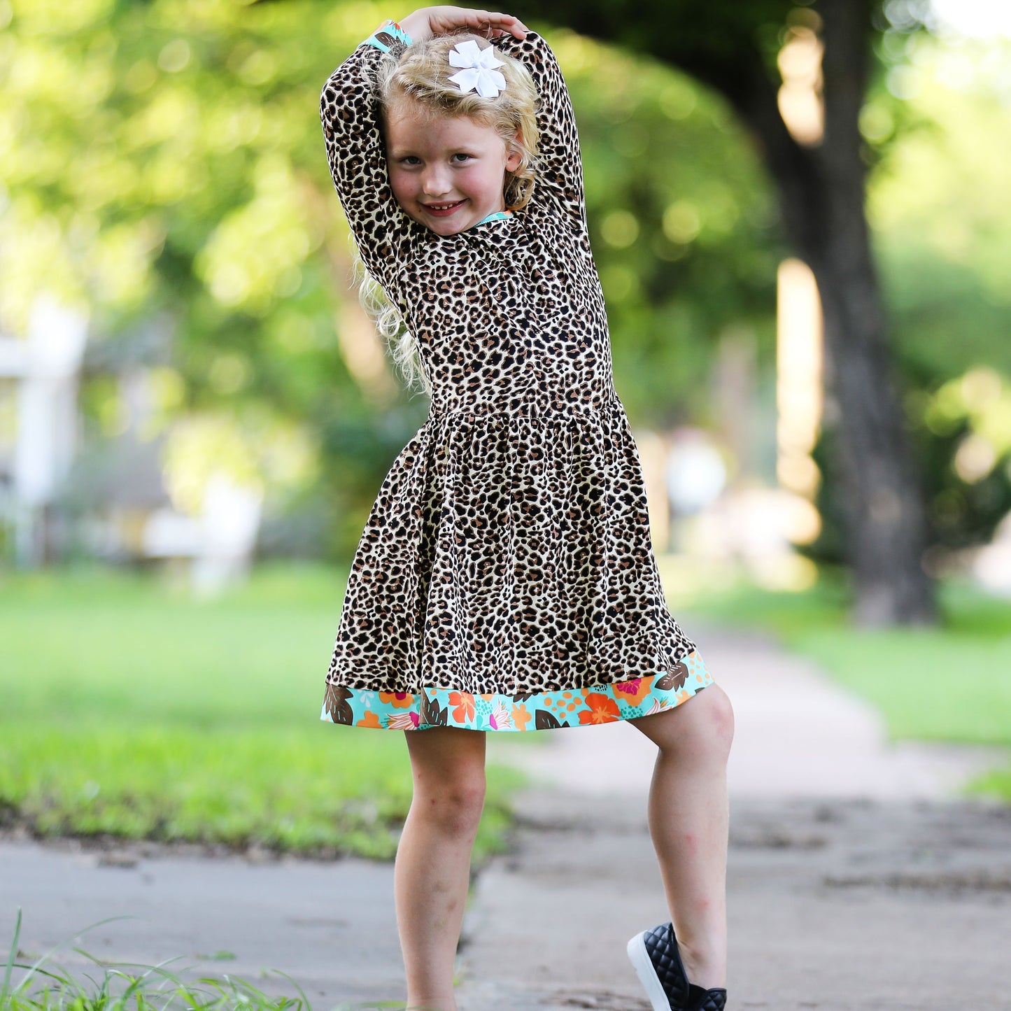 AnnLoren Little & Big Girls Long Sleeve Leopard Floral Dress