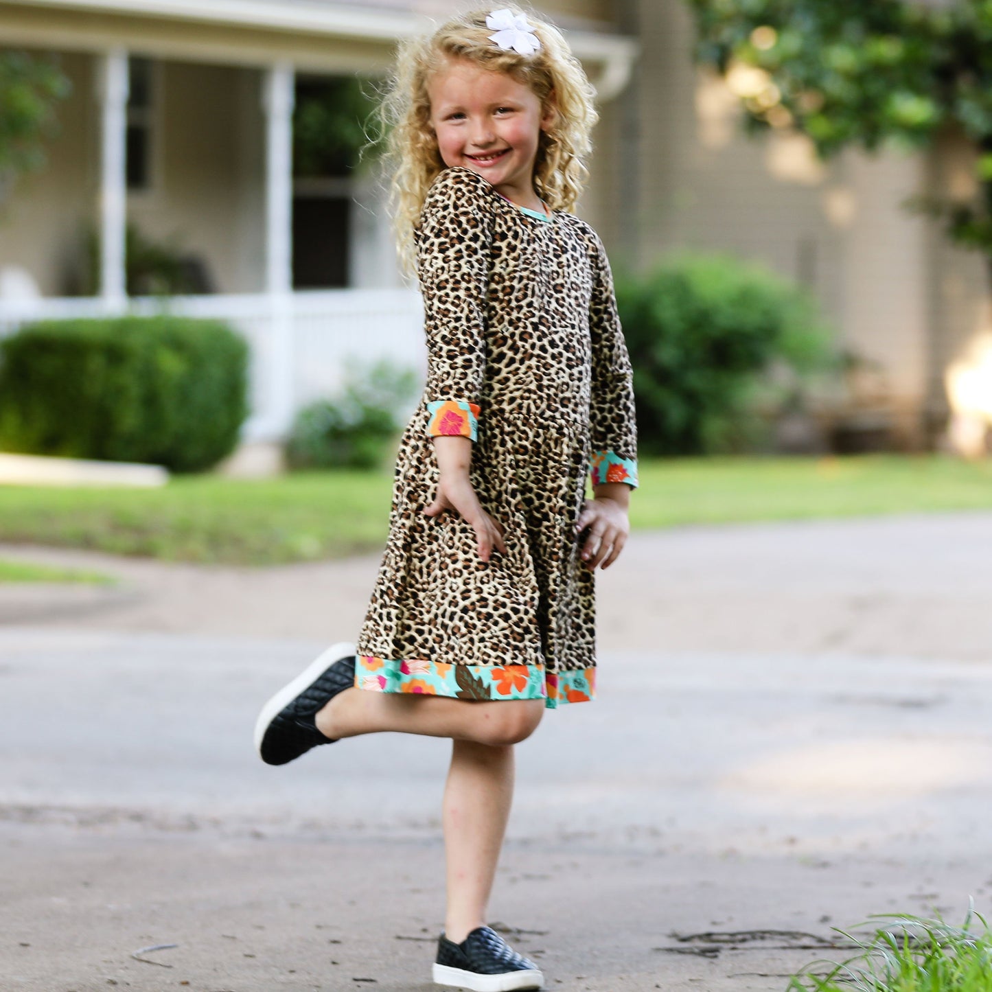 AnnLoren Little & Big Girls Long Sleeve Leopard Floral Dress